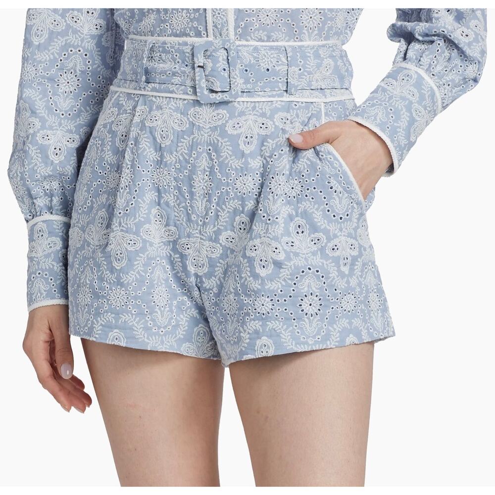 Veronica Beard Hobbes Cotton Eyelet Belted Shorts in Blue Ecru Size 14 Boho NEW